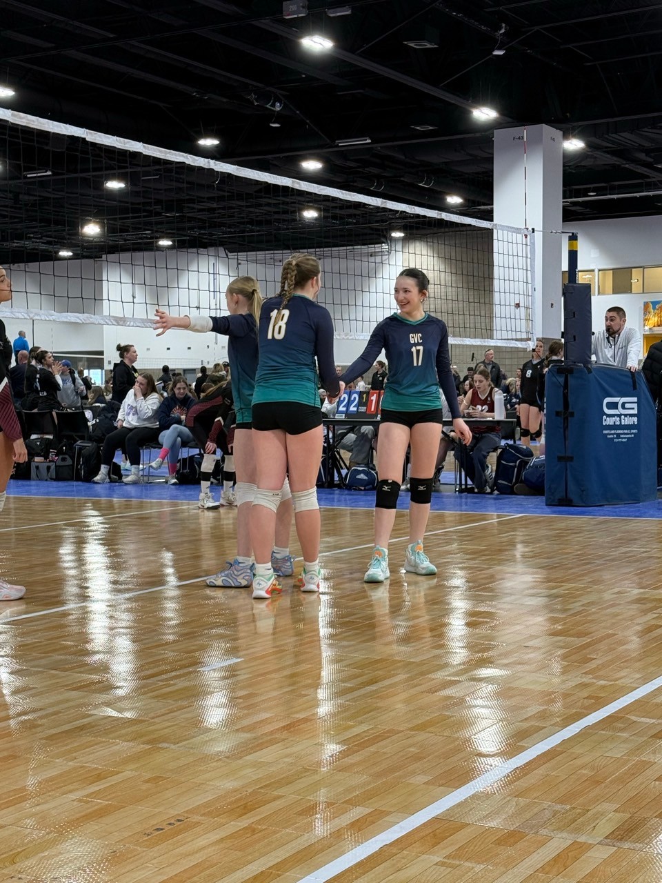 Volleyball players shaking hands on the court